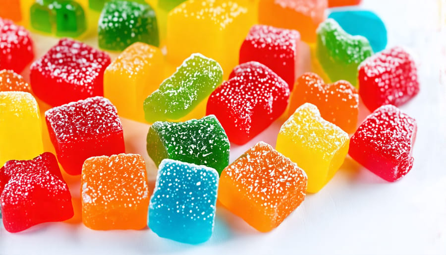 An assortment of colorful THC gummies of various shapes and sizes displayed on a white background