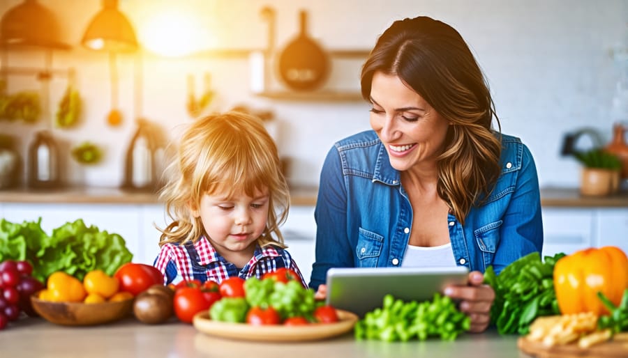 A parent using a digital device to plan a nutritious meal for children, with a focus on balanced diet