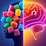 Conceptual image divided into two halves; one shows colorful THC gummies resembling candies, and the other transitions into a shadowy silhouette of a child's brain with symbols indicating potential neurodevelopmental effects.