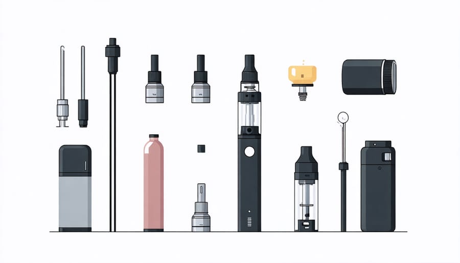 An illustrated diagram showing common parts of a vaping device, including battery, atomizer, and e-liquid container